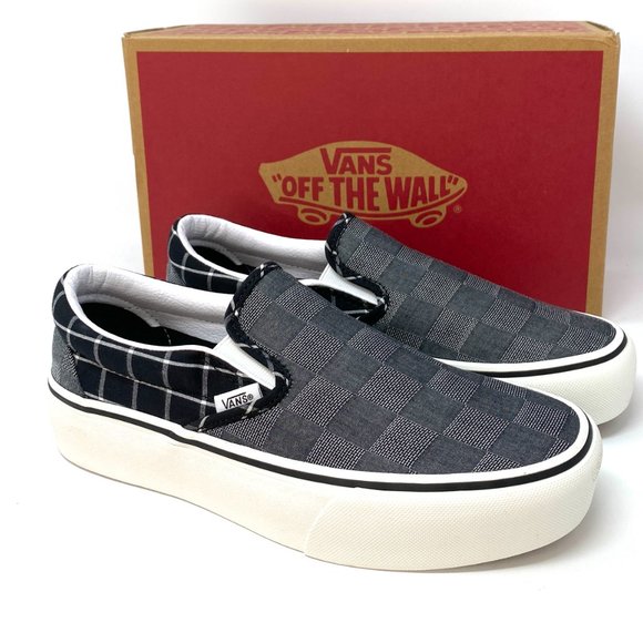 VANS Slip-On Classic Women Platform P Woven Check Canvas Gray Black VN0A3JEZ1AW - Picture 2 of 10